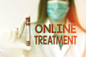 Handwriting text writing Online Treatment. Conceptual photo providing mental health services over the internet Laboratory blood test sample shown for medical diagnostic analysis result