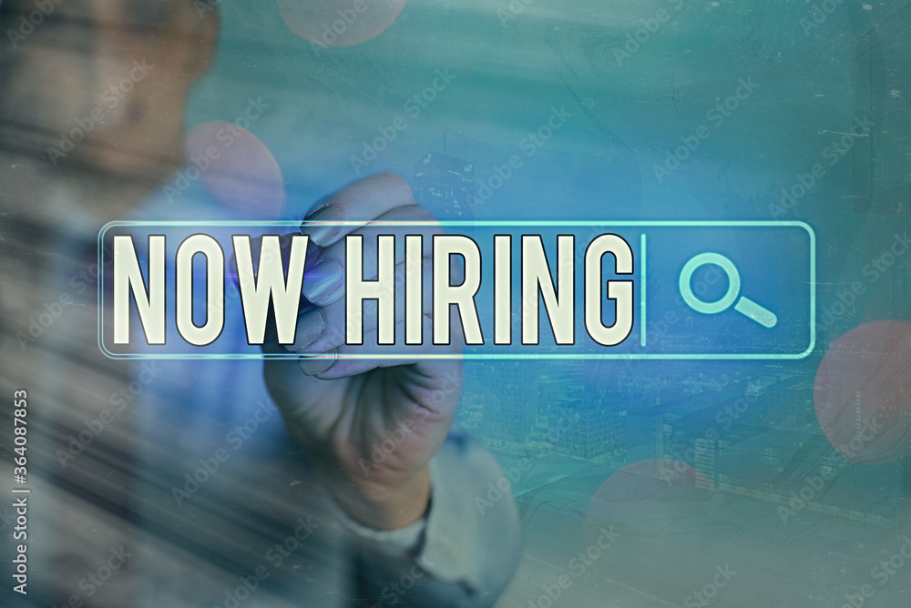 Poster writing note showing now hiring. business concept for an act of starting to employ someone qualified