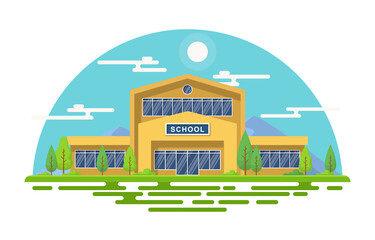 School Education Building Park Outdoor Landscape Cartoon Illustration