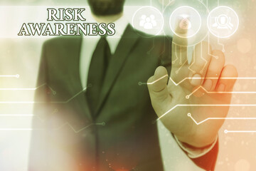 Writing note showing Risk Awareness. Business concept for recognizing factors that may cause a...