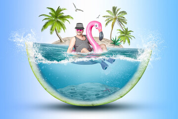 Cheerful man in a striped suit swim
in flamingo rubber ring against the background of an island .Collage. - obrazy, fototapety, plakaty