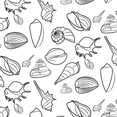 Seamless pattern with different seashells in black vector. Isolated on a white background. Black-white background with sea and ocean shells. Seamless pattern in line art - for wallpaper or print