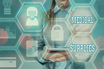 Word writing text Medical Supplies. Business photo showcasing Items necessary for treatment of...