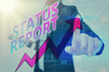 Writing note showing Status Report. Business concept for summarizes the particular situation as of a stated period Arrow symbol going upward showing significant achievement