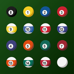Colorful Billiard Balls Collection On Green Table. Pool Balls Symbol Modern, Simple, Vector, Icon For Website Design, Mobile App, UI. Vector Illustration