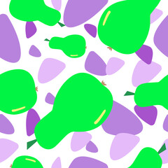 Green pears and purple elements, vector seamless pattern.