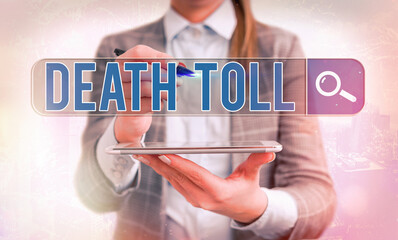 Word writing text Death Toll. Business photo showcasing the number of deaths resulting from a...