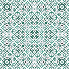 Seamless Green Cell pattern in Scandinavian, Nordic style. Ethnic, tribal background. Pixel design. Abstract embroidery.