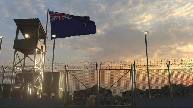 Military base with waving flag of New zealand 3d
