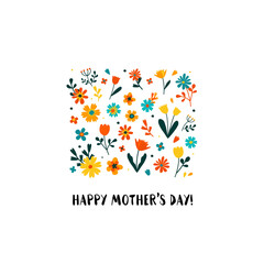 Fototapeta na wymiar Vector flat illustration for greeting card design with stylish text for Mother's Day with colorful flowers decorated.