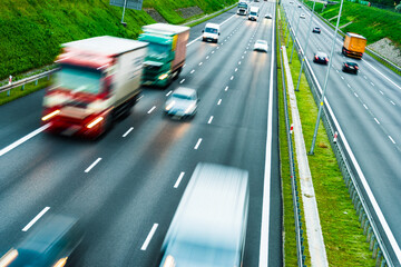 Trucks on six lane controlled-access highway in Poland