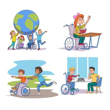 Children With Disability Daily Routine Scene Set