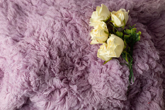 fur for a newborn photo shoot. props for a photo shoot. purple sheep fur with white roses. natural fur