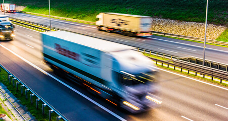 Trucks on six lane controlled-access highway in Poland