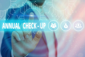 Text sign showing Annual Checkup. Business photo showcasing yearly reproductive health visit with a health care provider System administrator control, gear configuration settings tools concept