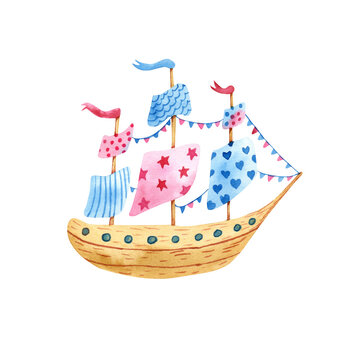 Old fairy sailing ship decorated with flags and garlands. Watercolor illustration isolated on white background. Great for kids design.