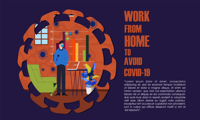 Company Allows Employees to Work from Home for Protection Coronavirus. Man Work with Wear Mask for Protection against Viral Pandemic COVID19 With Cozy Home Situation. Design concept Illustration
