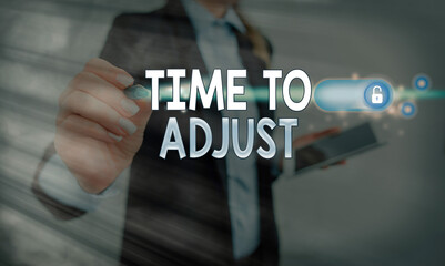 Writing note showing Time To Adjust. Business concept for making necessary or desirable changes to corresponding Graphics padlock for web data information security application system