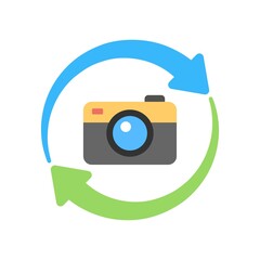 Rotate camera icon illustration in flat design style. Switch front and back view.