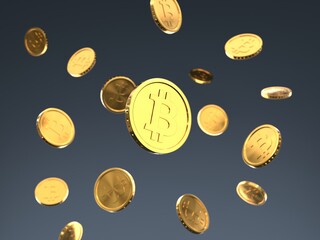 3D rendered concept illustration of bitcoins falling in front of dark blue background