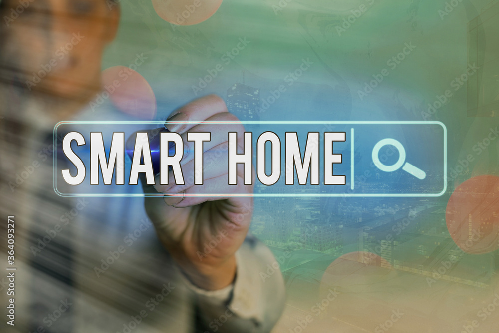 Poster writing note showing smart home. business concept for equipped home can be controlled remotely by ph