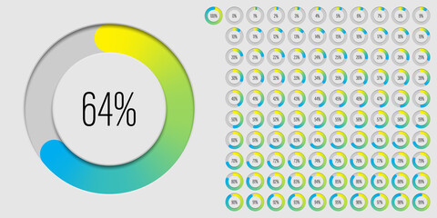 Set of circle percentage diagrams meters from 0 to 100 ready-to-use for web design, user interface UI or infographic with 3D concept - indicator with gradient from yellow to cyan blue