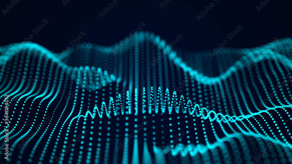 Poster digital dynamic wave of particles. abstract blue futuristic background. big data visualization. 3d r
