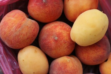 Ripe peaches and apricots in a wooden box