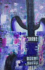 Guitar Oil Painting. Guitar on canvas. Violet abstract guitar. Background. Texture.