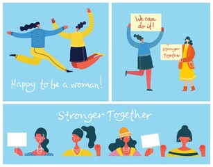 Stronger together. Feminine concept and woman empowerment design for banners and posters in flat design