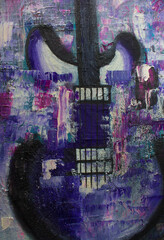 Guitar Oil Painting. Guitar on canvas. Violet abstract guitar. Background. Texture.