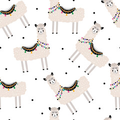 Seamless vector pattern with cute llamas on white background