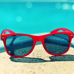 Summer background. Concept for summer and vacation. Red sunglasses by the pool in the background...