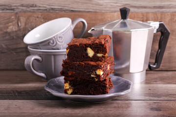 Brownie with white chocolate, served