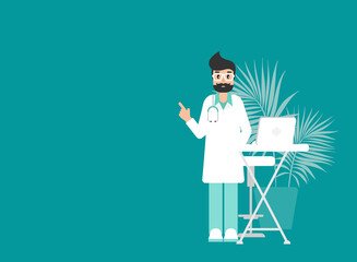 Male doctor on blue background. Medical internet consultation.