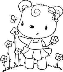 vector drawing cartoon bear with flower