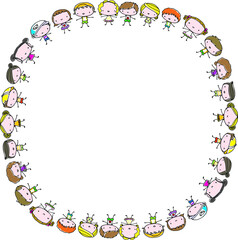 vector drawing cartoon kids set with round border