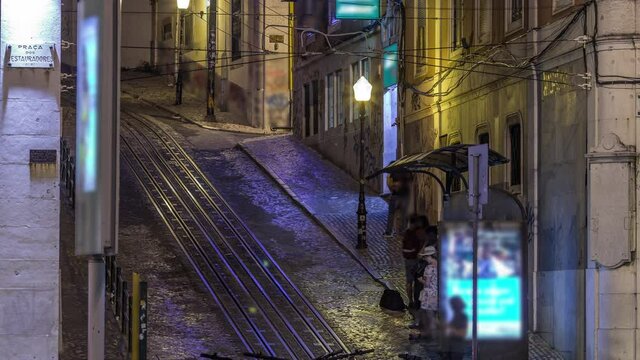 Lisbon's Gloria funicular day to night transition timelapse located on the west side of the Avenida da Liberdade connects downtown with Bairro Alto. It's classified as a national monument opened 1885