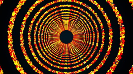 Circle rings of colorful round particles form an endless tunnel, computer generated. 3d rendering of bright shiny background