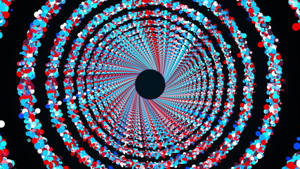 Circle rings of colorful round particles form an endless tunnel, computer generated. 3d rendering of bright shiny background