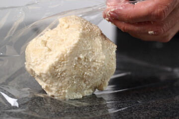 Wrap dough ball in plastic film. Making Shoofly Tart Series.