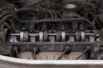 General view of the car's mechanisms under the hood. Engine close up