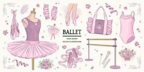 Set of hand drawn ballet accessories isolated on background. Vector illustration © AM_art