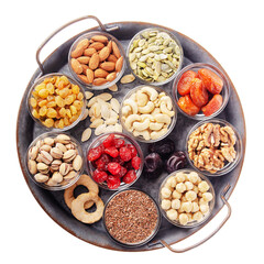 Flat lay at metal tray with healthy ant tasty non-perishables isolated on white background