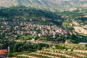 Fototapeta na wymiar View of Bcharre (Bsharri) in Lebanon. The town has the only preserved original Cedars of God (Cedrus libani)