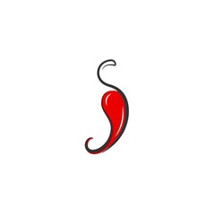 Red hot Chili pepper or cayenne, or jalapeno icon with black outline. Vector calligraphic illustration