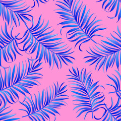 Green tropical palm leaves seamless vector pattern on the black background.Trendy summer print.