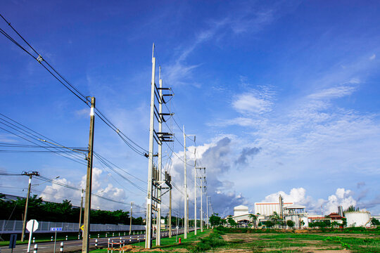 Electricity power substation and electric transmission line for energy supply to industrial factory, Environmentally friendly manufacturing plant of new technology production line