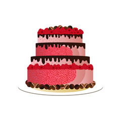 Strawberry cake topped with chocolate cream and whipped cream. Isolated on a white background.