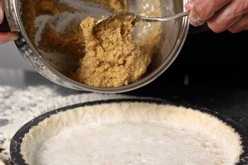 Transfer honey filling into pastry case. Making Shoofly Tart Series.